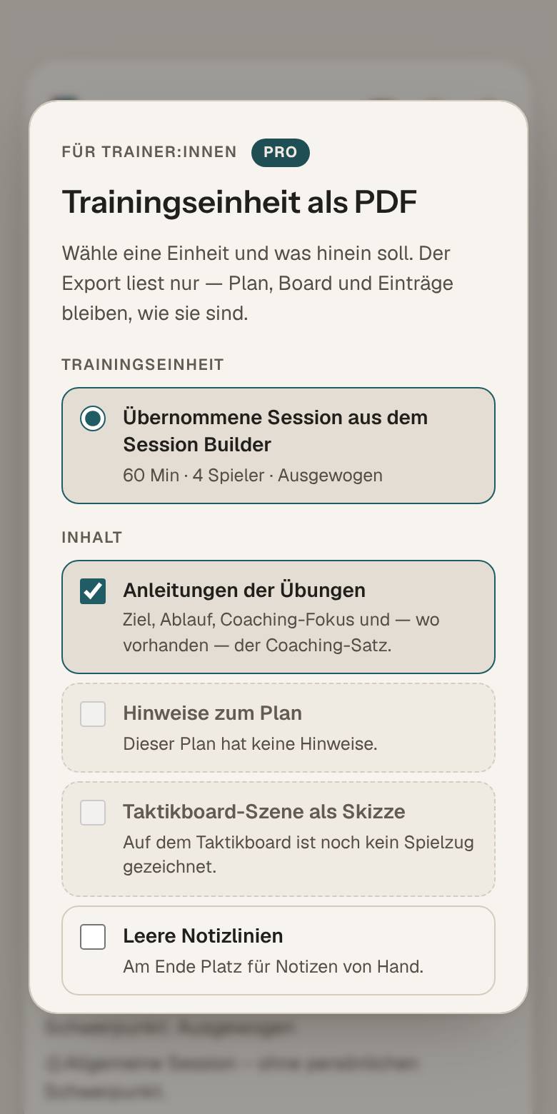 App-Ansicht Trainer-Export: gespeicherte Session auswählen und festlegen, was ins PDF kommt.