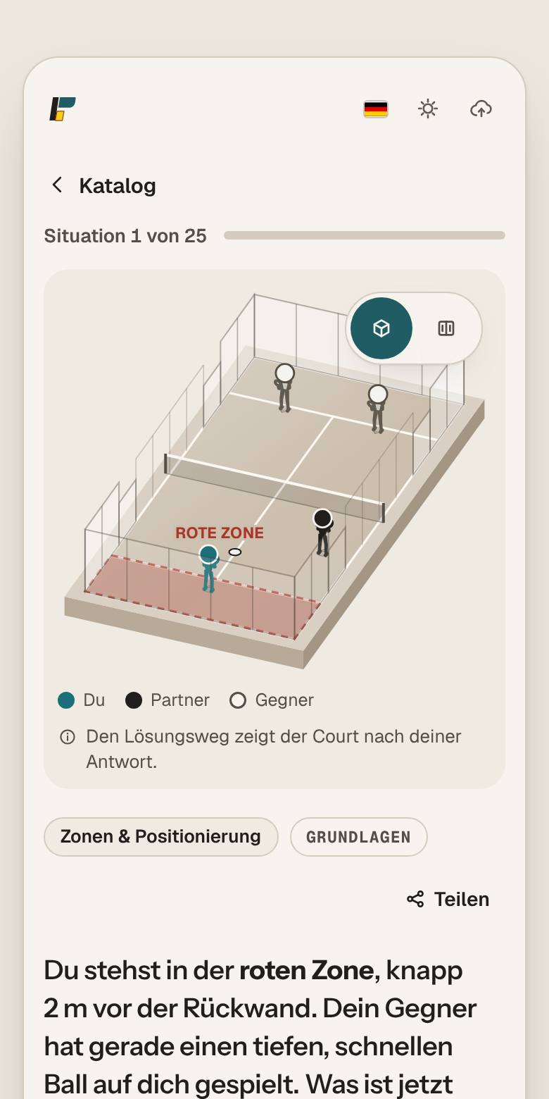 App-Ansicht Quiz: eine Spielsituation auf dem 3D-Court mit markierter roter Zone und der Frage, was jetzt richtig ist.