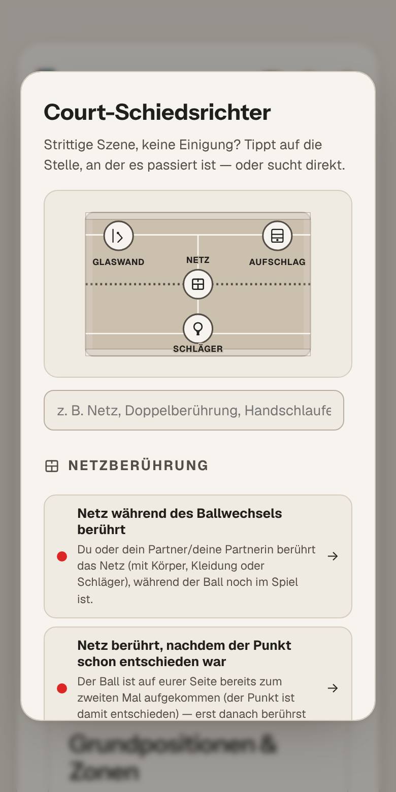 App-Ansicht Court-Schiedsrichter: ein Court mit Stellen zum Antippen (Glaswand, Netz, Aufschlag, Schläger) und eine Suche nach Regeln.