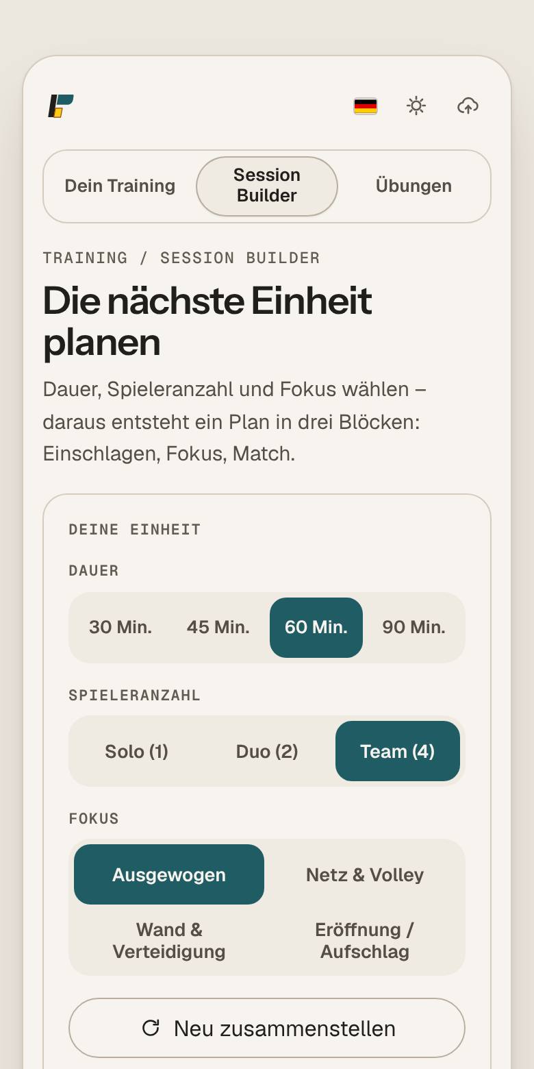 App-Ansicht Session Builder: Dauer, Spielerzahl und Fokus wählen, daraus entsteht ein Plan in drei Blöcken.