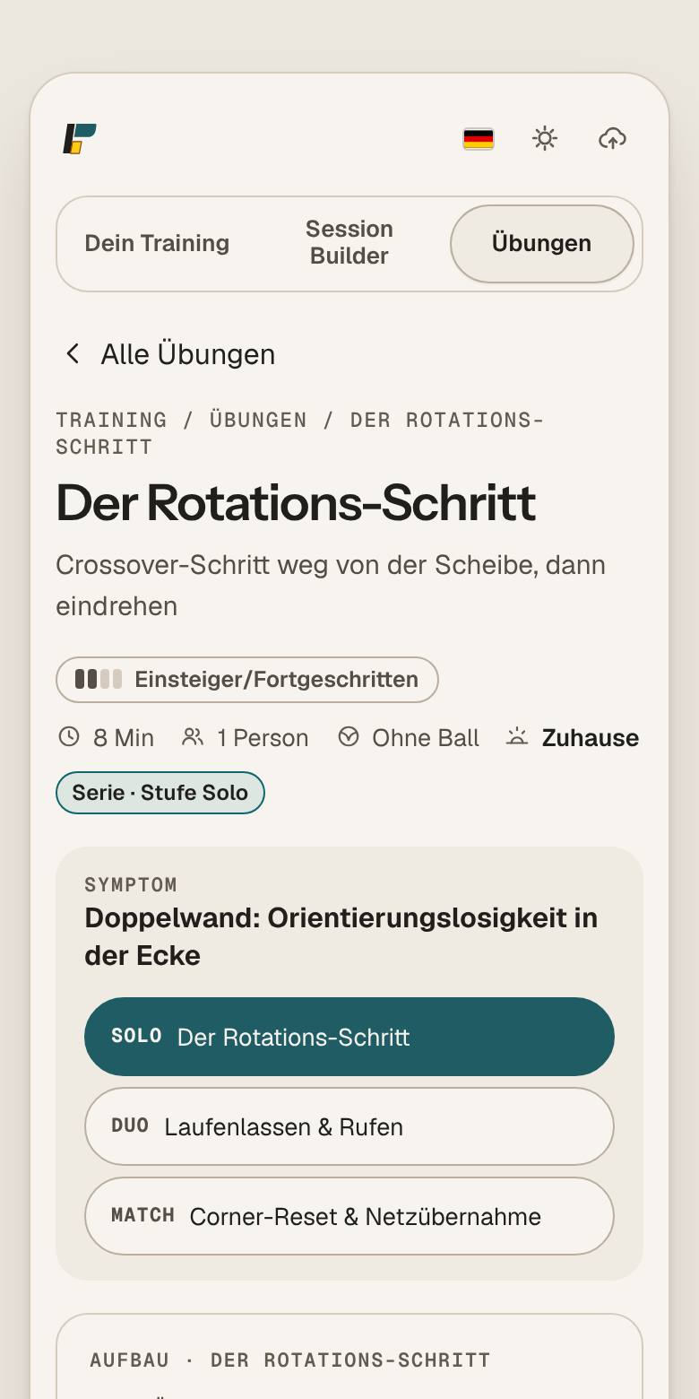 App-Ansicht einer Übung: Titel, Dauer, Personenzahl, Niveau und eine Serie mit Solo-, Duo- und Match-Stufe.