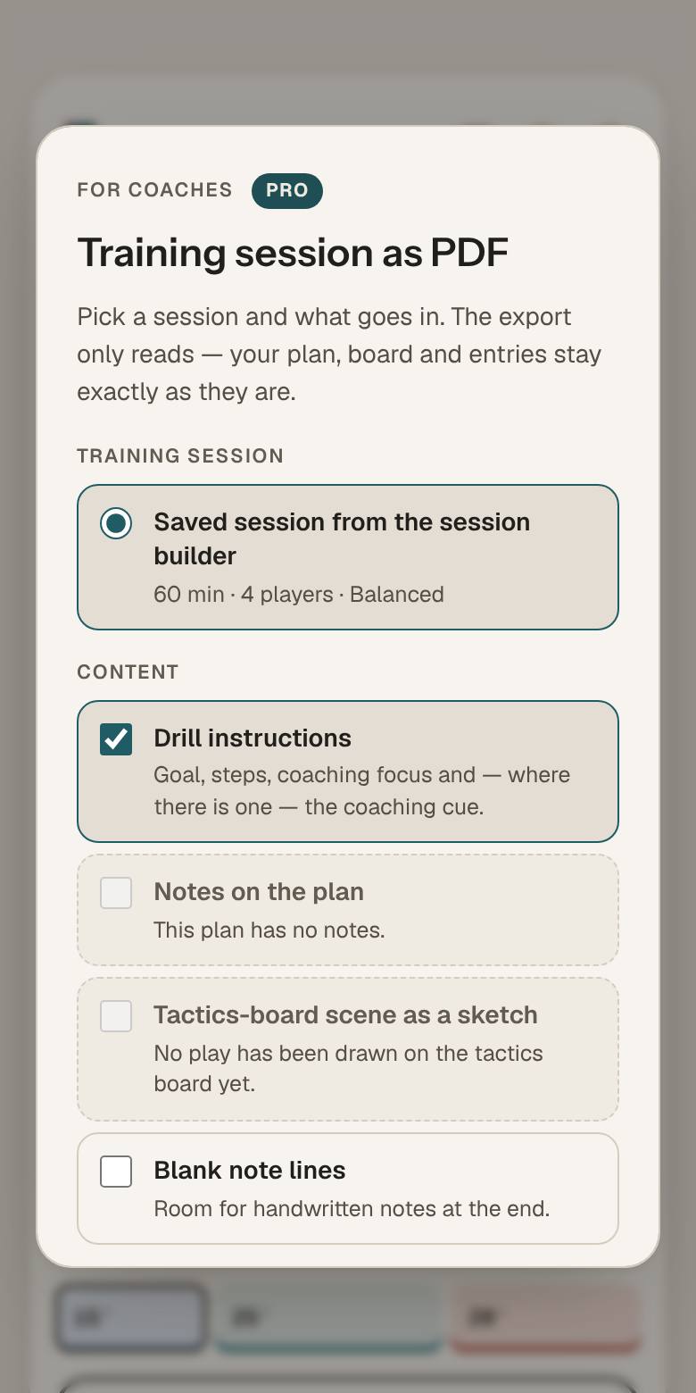 App screen Coach export: choose a saved session and what goes into the PDF.