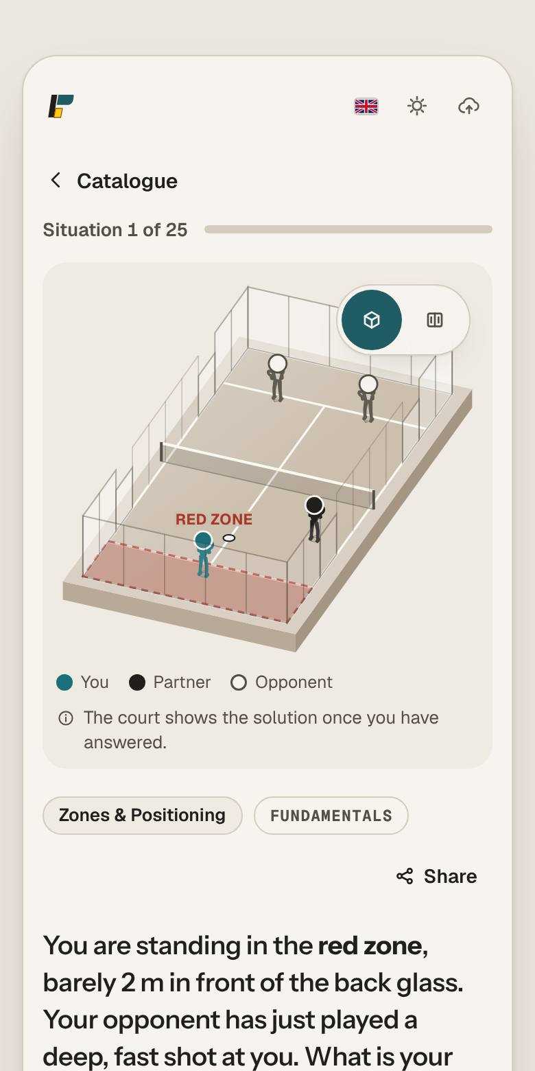 App screen Quiz: a match situation on the 3D court with a marked red zone and the question of what to do now.