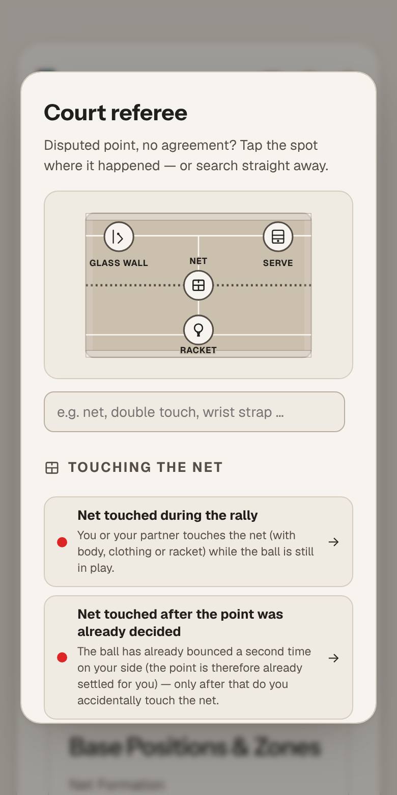 App screen Court referee: a court with spots to tap (glass, net, serve, racket) and a search for rules.