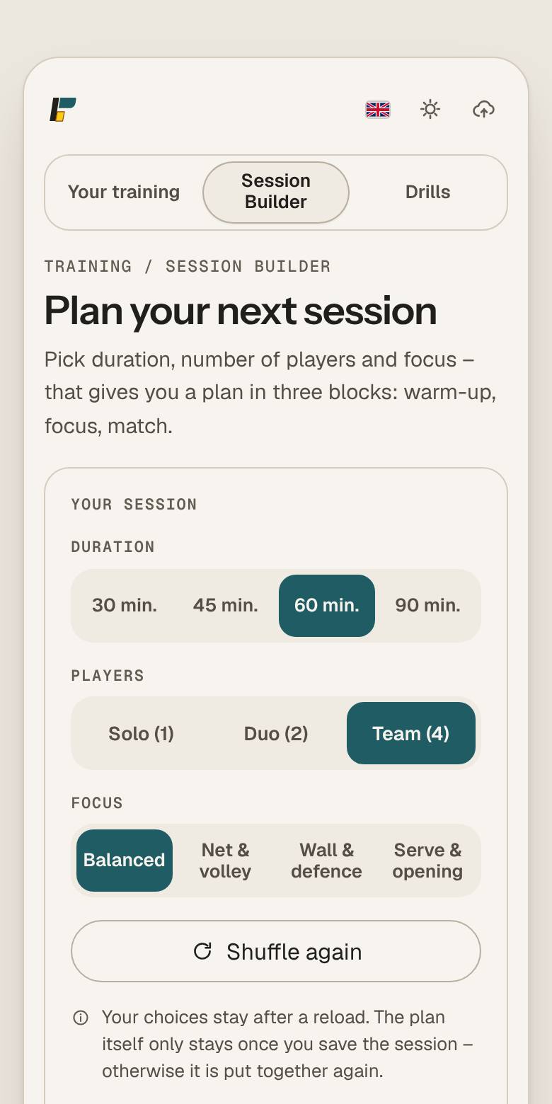 App screen Session Builder: choose duration, number of players and focus to get a plan in three blocks.