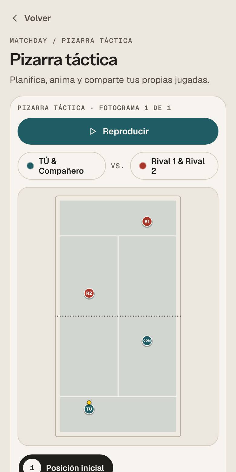 Pantalla de la app Pizarra táctica: pista vista desde arriba con cuatro jugadores, botón de reproducir y barra de fotogramas.