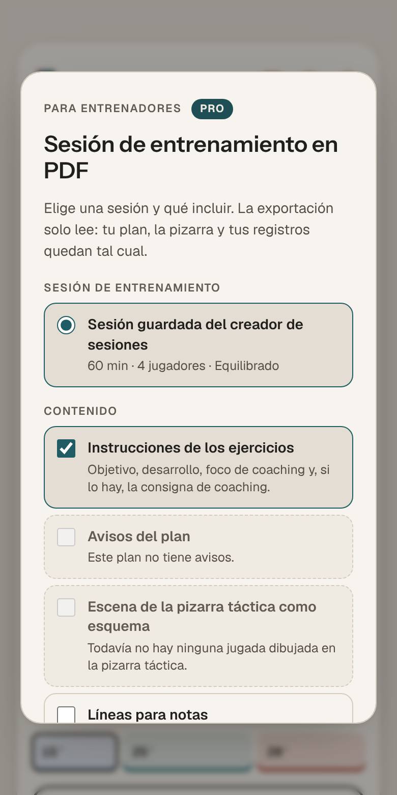 Pantalla de la app Exportación para entrenadores: elegir una sesión guardada y qué incluir en el PDF.
