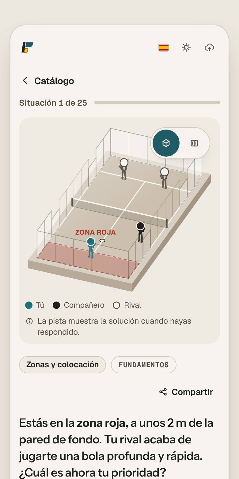 Pantalla de la app Quiz: una situación de juego en la pista 3D con una zona roja marcada y la pregunta de qué hacer ahora.