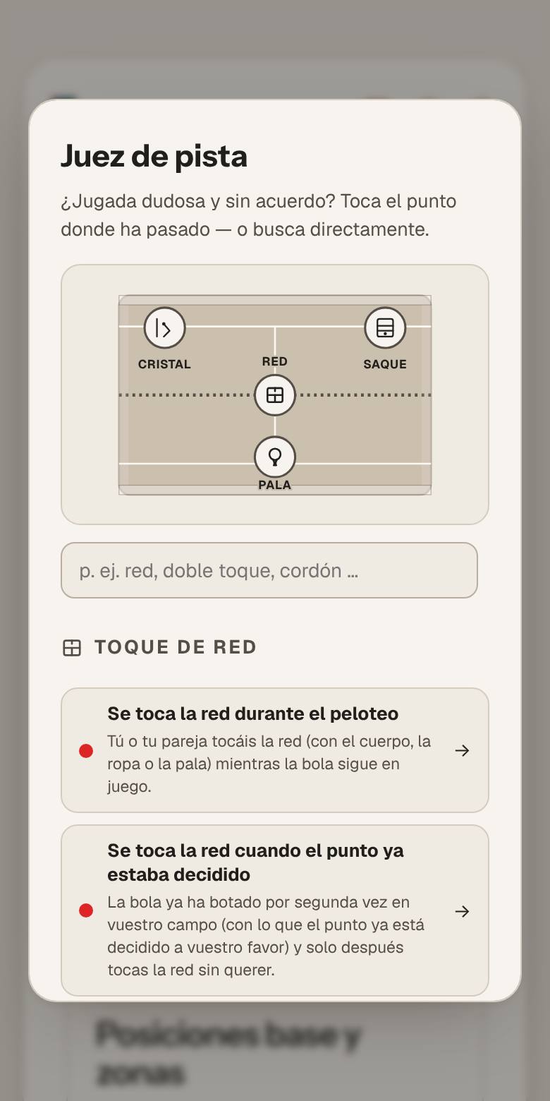 Pantalla de la app Juez de pista: una pista con puntos para tocar (cristal, red, saque, pala) y una búsqueda de reglas.