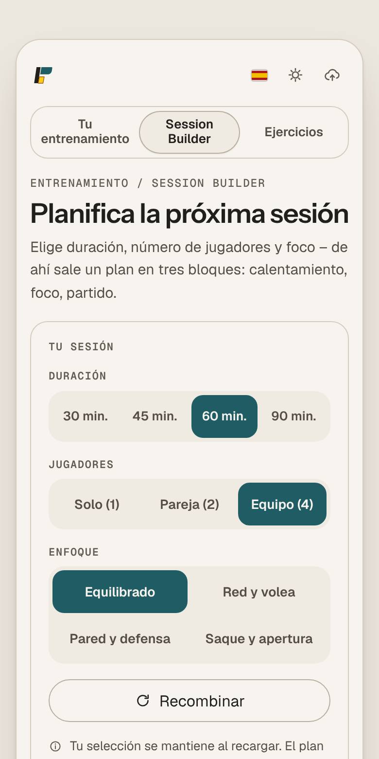 Pantalla de la app Session Builder: elegir duración, número de jugadores y enfoque para obtener un plan en tres bloques.