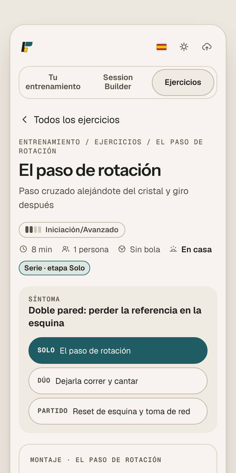 Pantalla de la app de un ejercicio: título, duración, número de personas, nivel y una serie con etapas solo, dúo y partido.